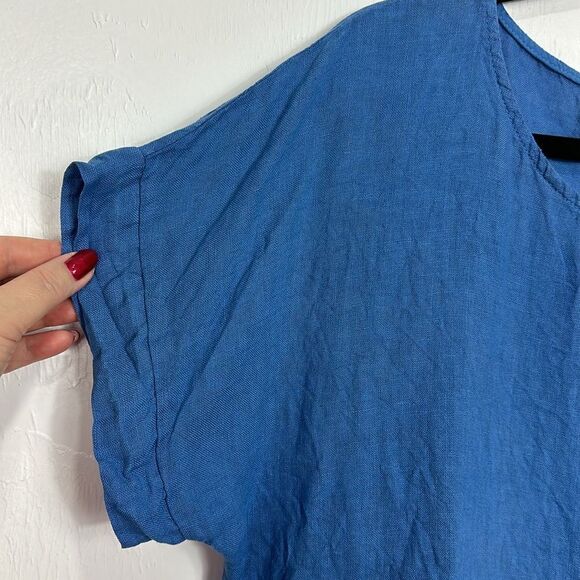 Terzo Millennio 100% Linen Tunic Top Blouse Eyelet Hem In Blue Size L - Picture 2 of 8